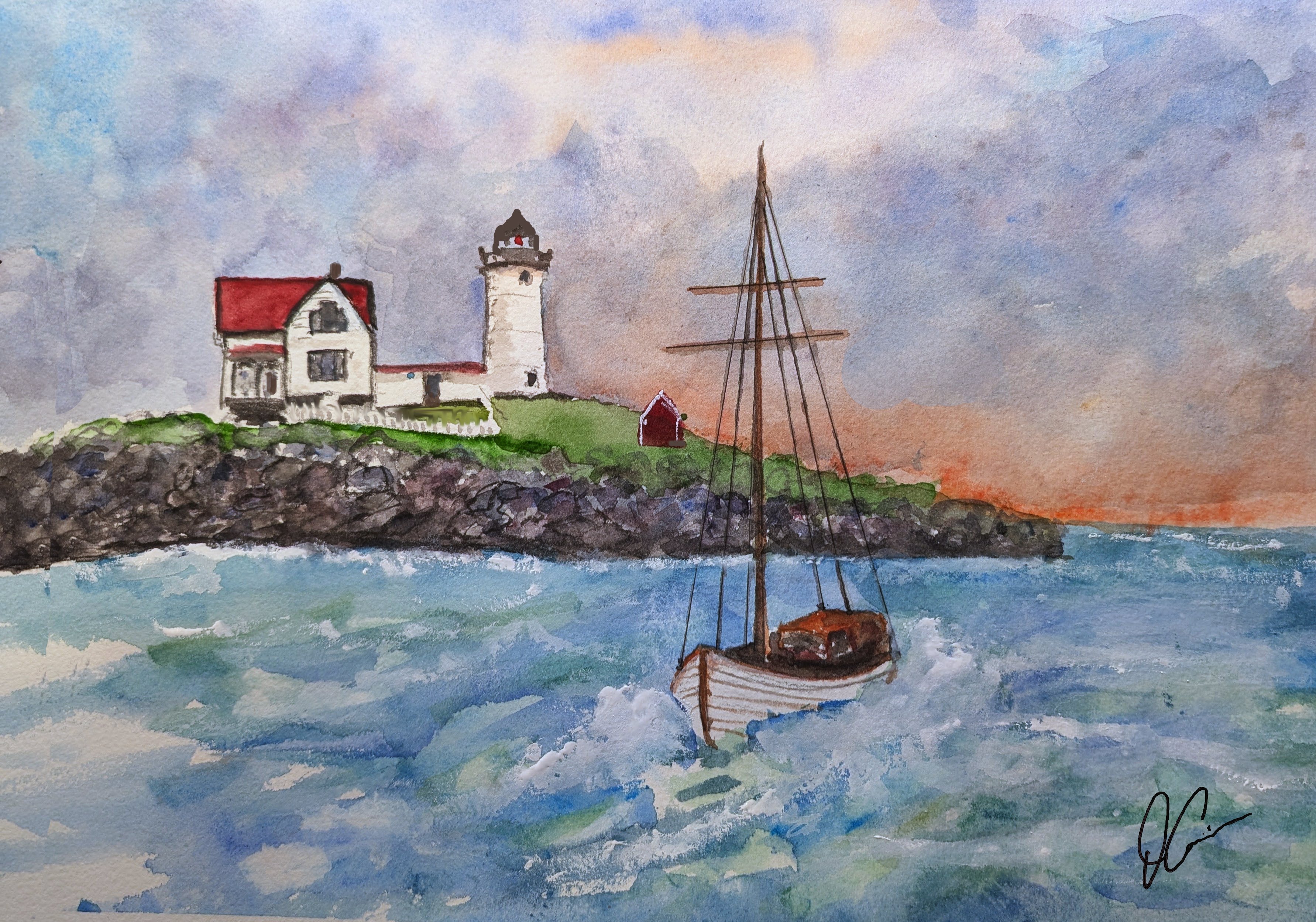 Nubble Light Boat Scene